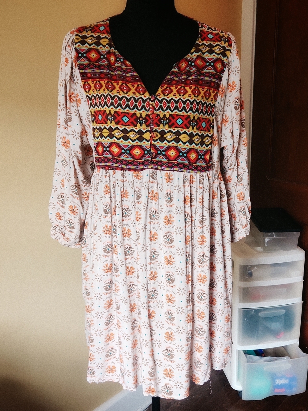 Umgee Cream Long Sleeve Boho Midi Dress with Multicolor Aztec Print Embroidery
